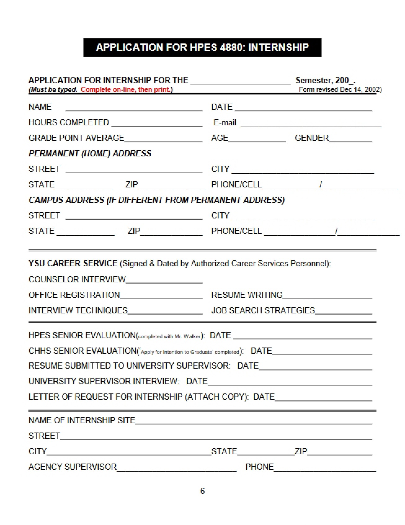HPES 4880 Internship Application