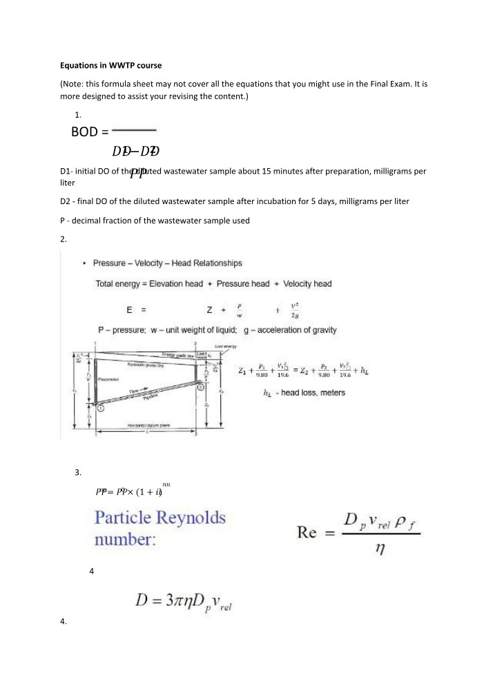 Key Equations for the WWTP Course