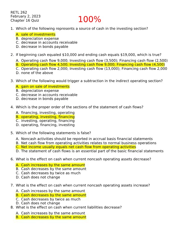 Cash Flows in Financial Statements Quiz