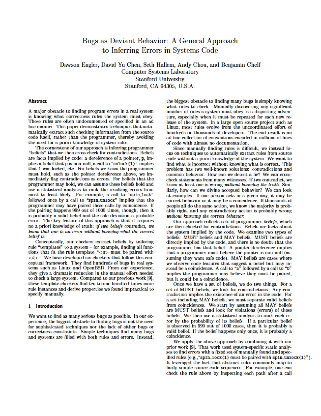 Inferring Systems Code Errors Bugs as Deviant Behavior