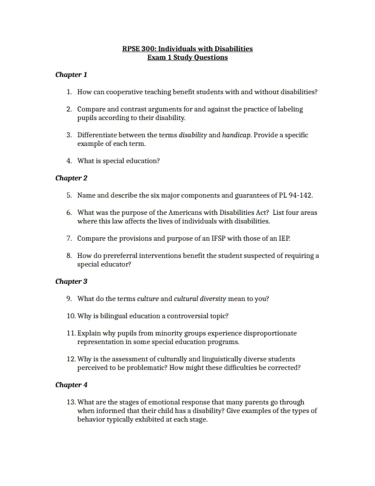 Study Guide for Exam One (RPSE 300)