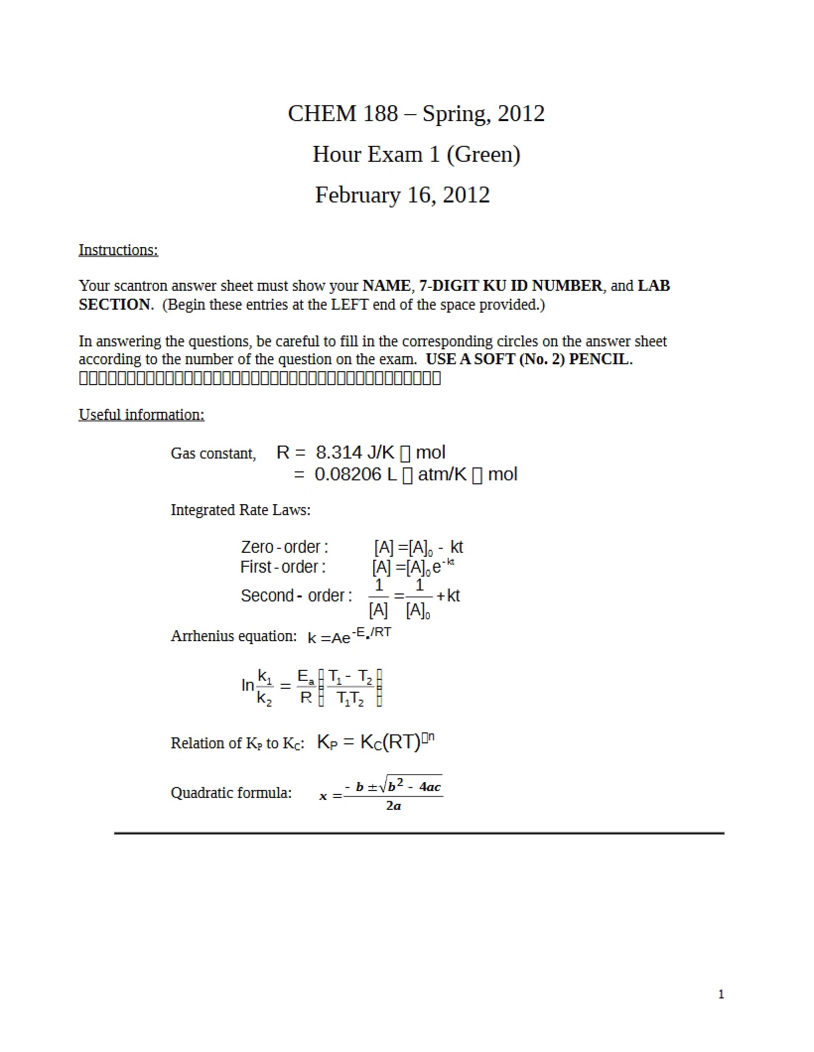 2012 Exam One (Green Version)