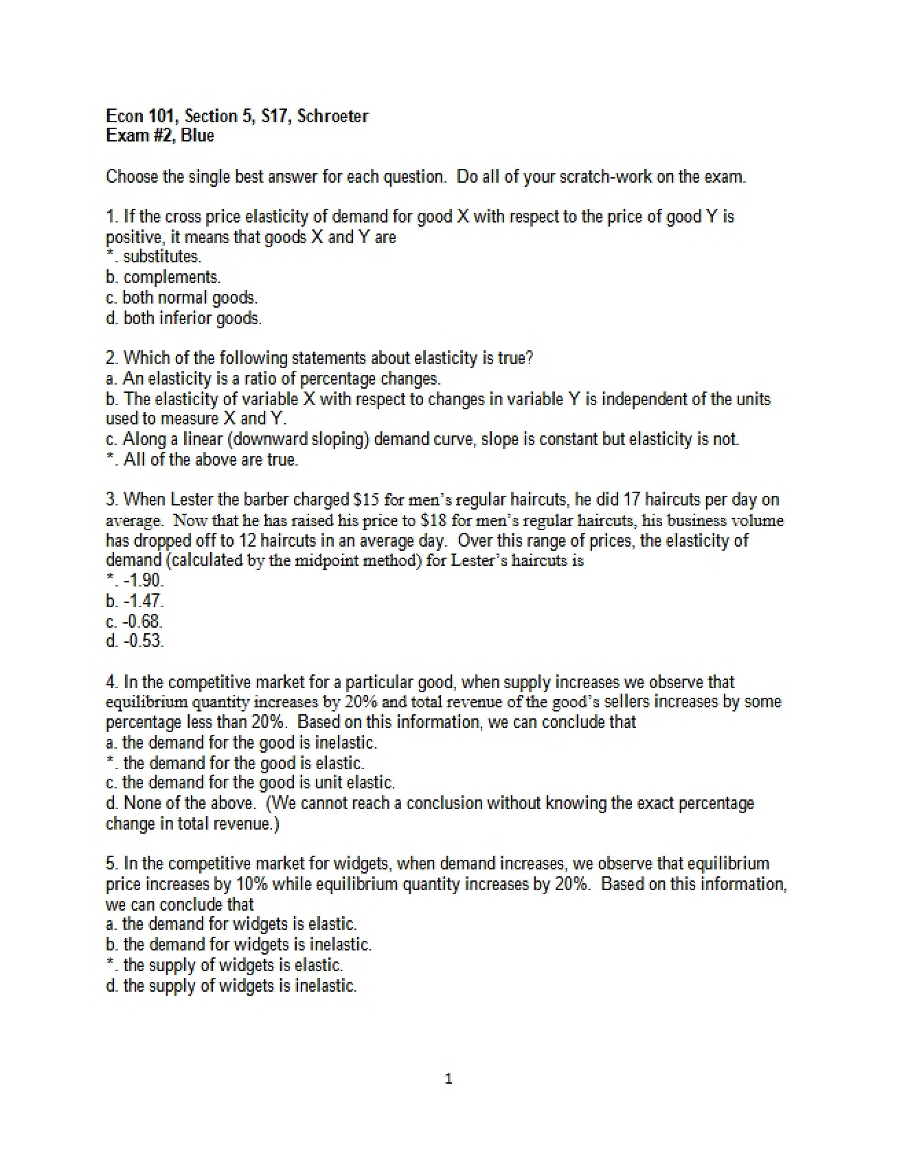 Answer Key for the Blue Version of the Second Microeconomics Exam, Spring 2017
