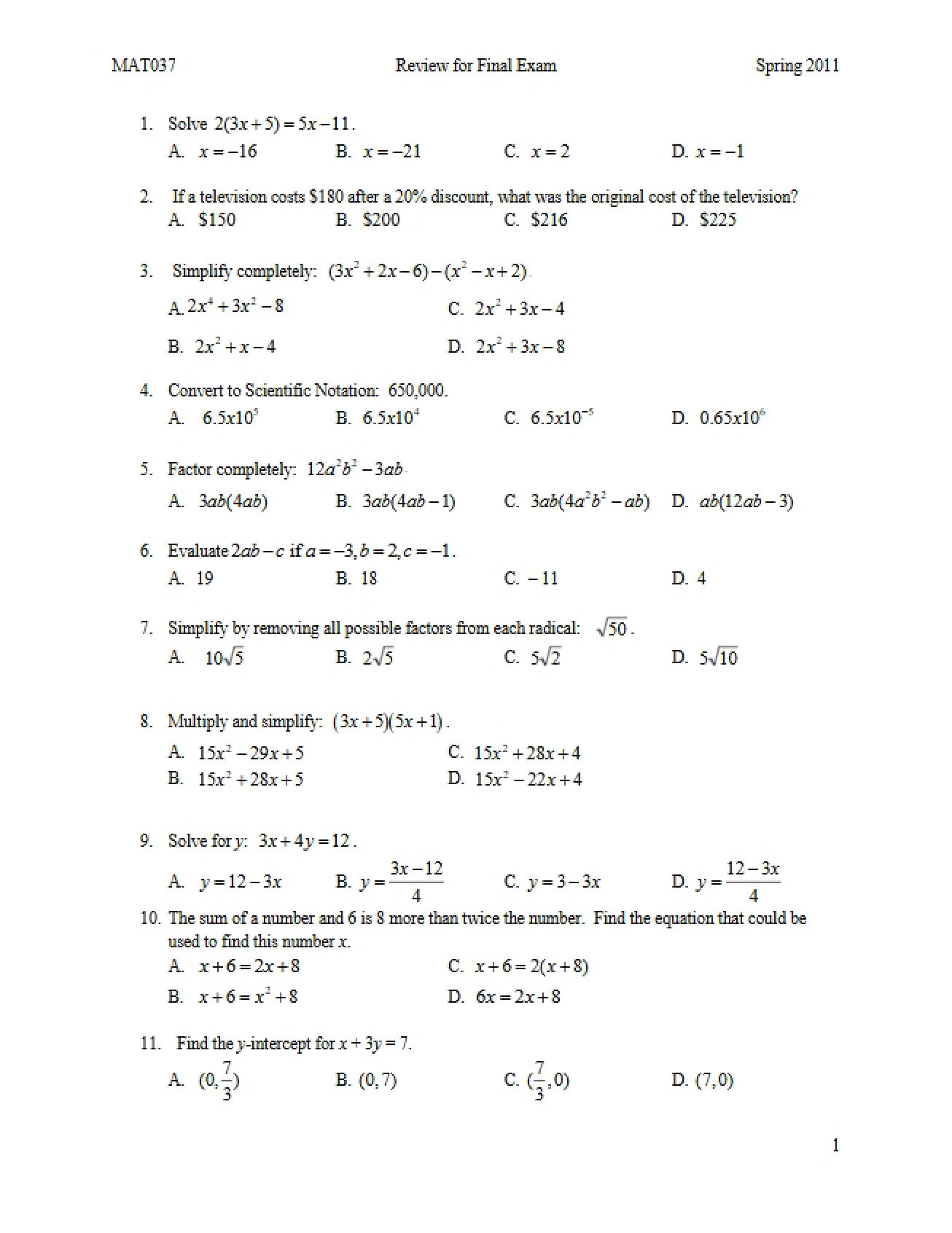 Final Exam Review Beginning Algebra