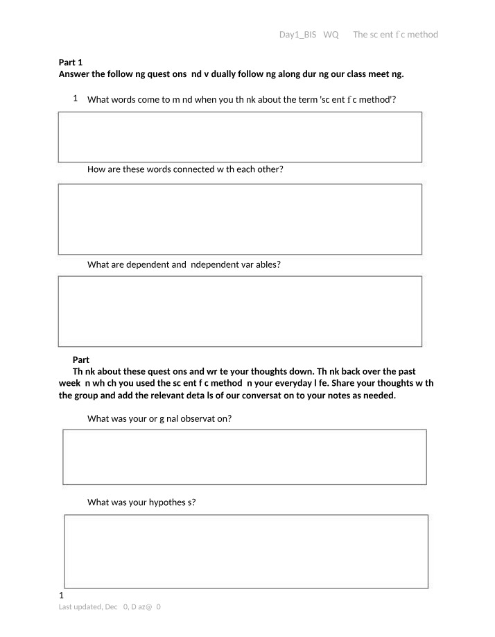 Worksheet on the Scientific Method