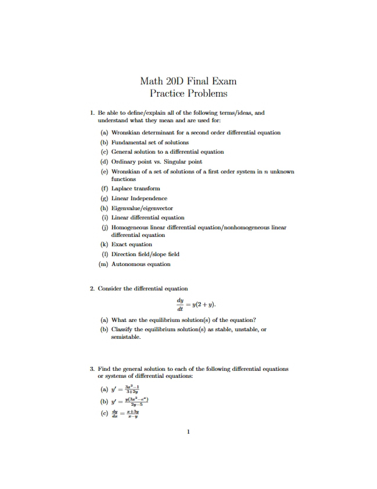 Comprehensive Differential Equations Assessment