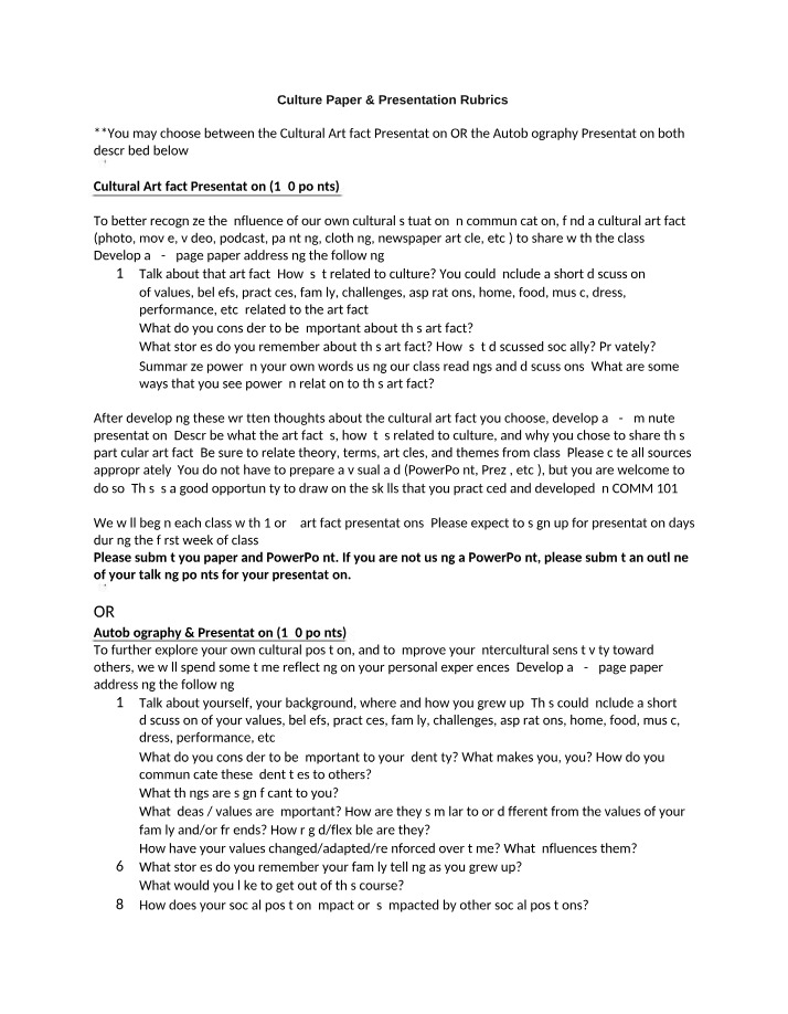 Rubrics for Culture Paper and Presentation