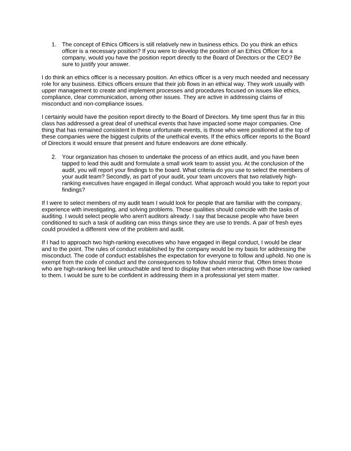 Ethics Officer and Audit Case Study for BUS 368