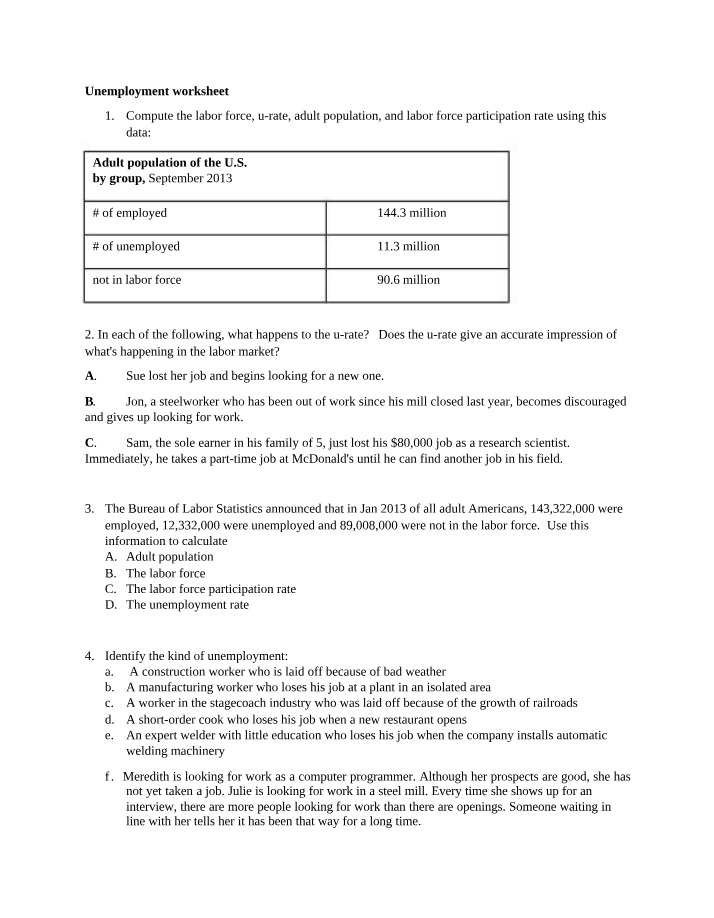 Worksheet on Unemployment