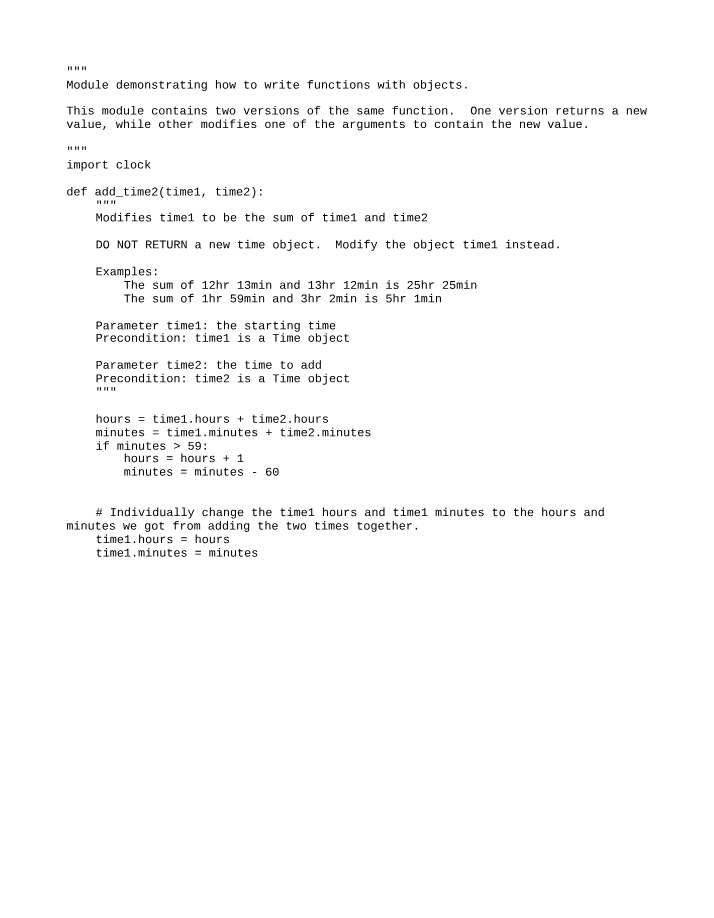 Writing Functions with Objects Modifying Time Values