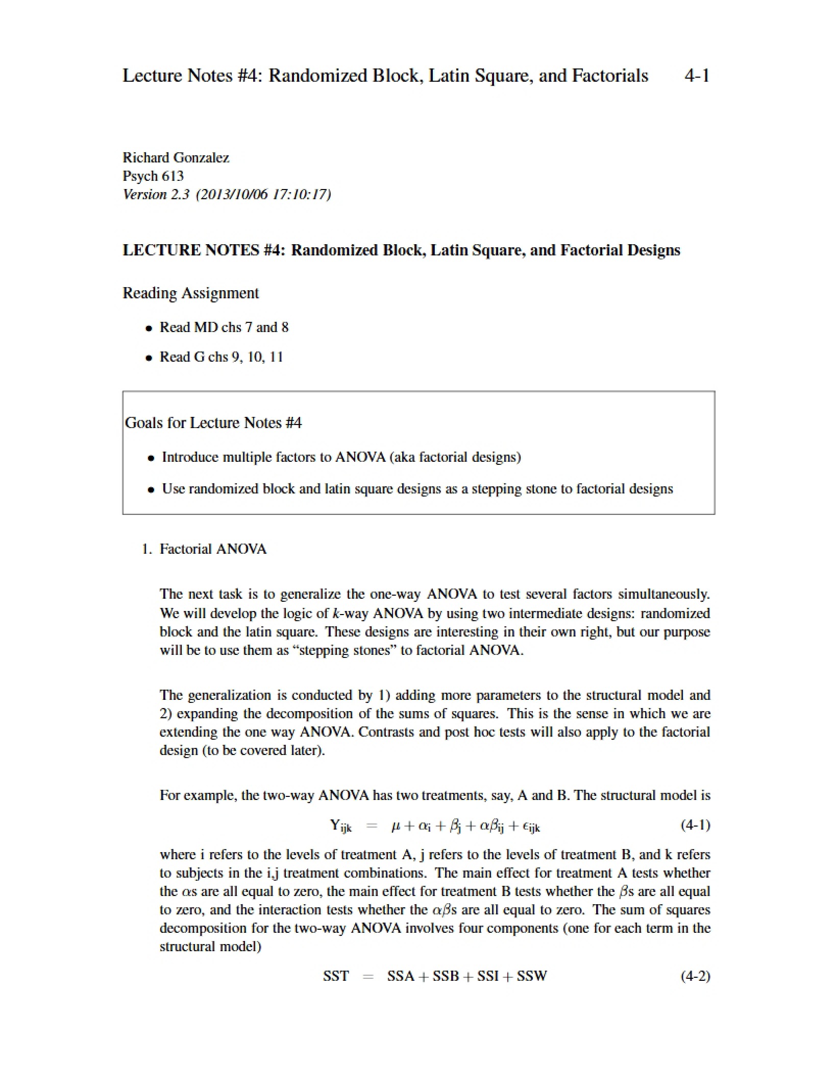 Lecture Notes 4 Factorials, Latin Square, Randomized Block