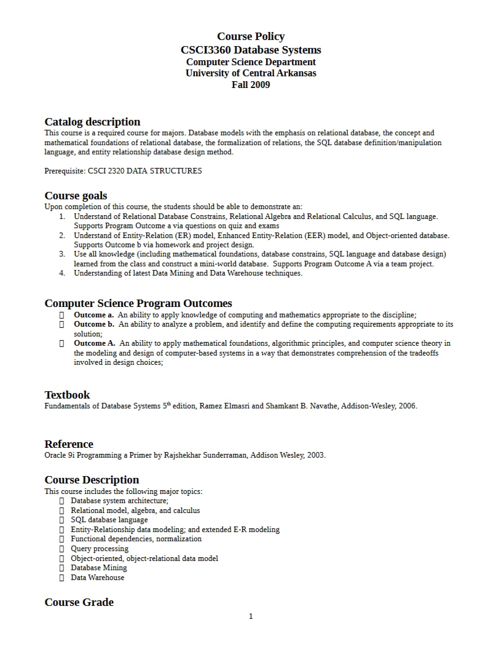 2009 Syllabus for Database Systems