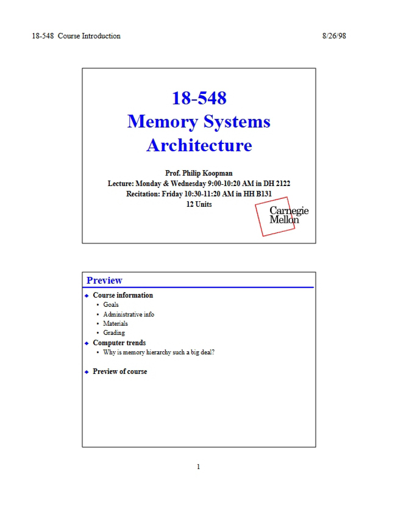 Memory System Architecture Handout