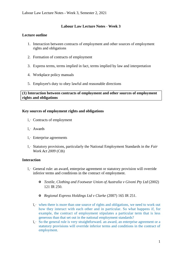 Week 3 Labour Law Lecture Notes (Semester 2, 2021)