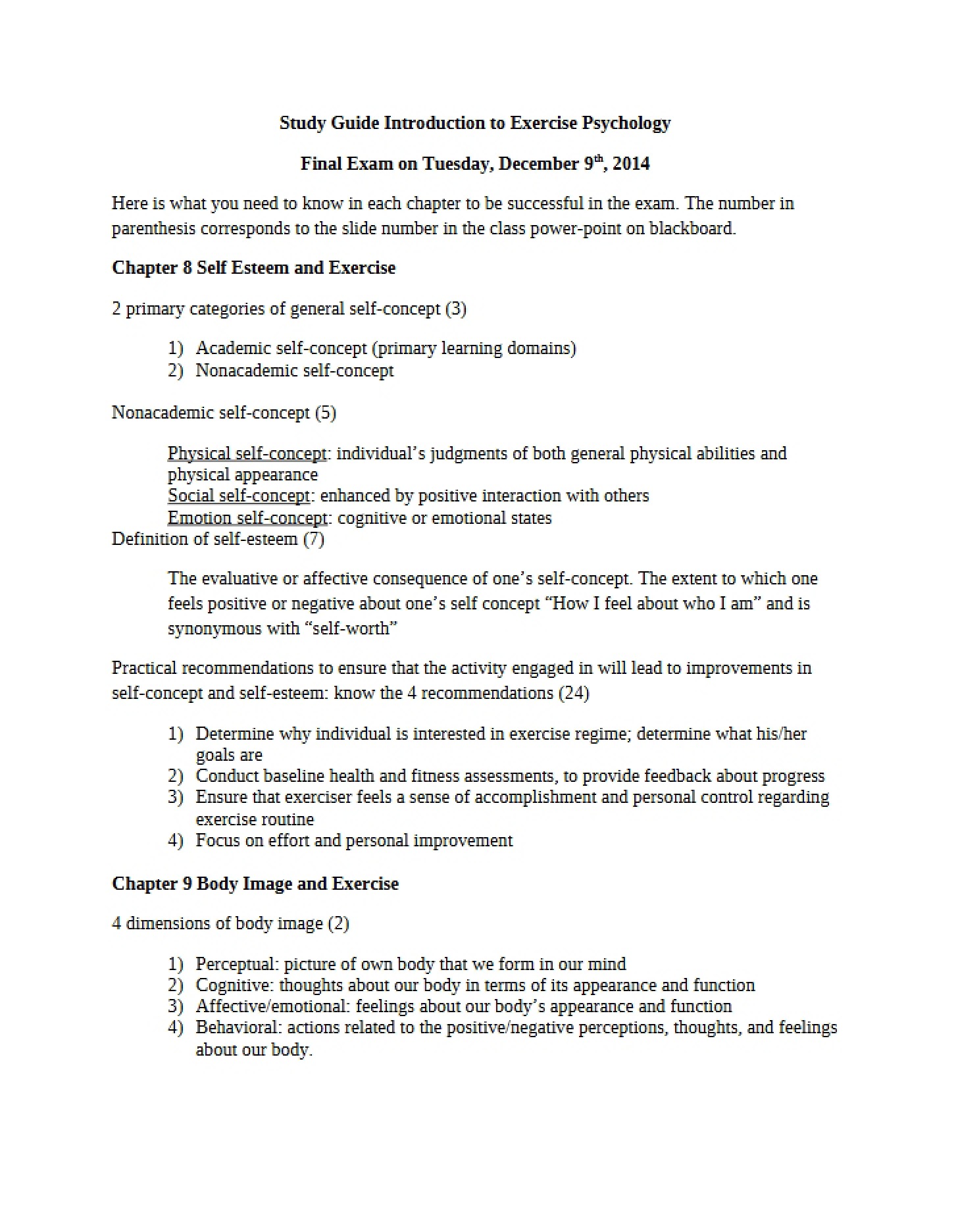 Foundations of Exercise Psychology Review Guide