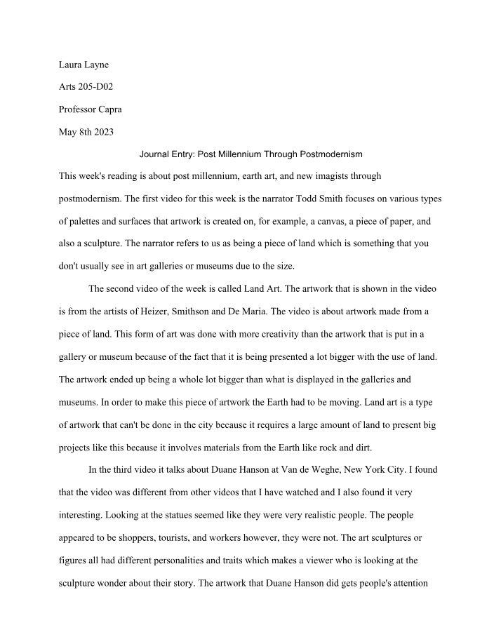 Postmodernism and Post Millennium Journal Entry