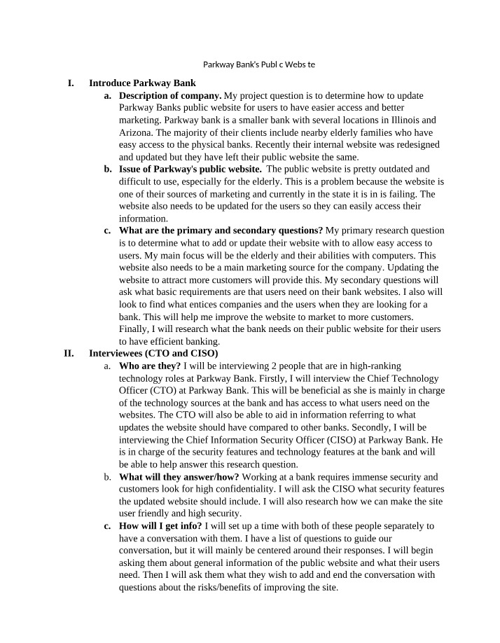 Website Improvement Plan for Parkway Bank