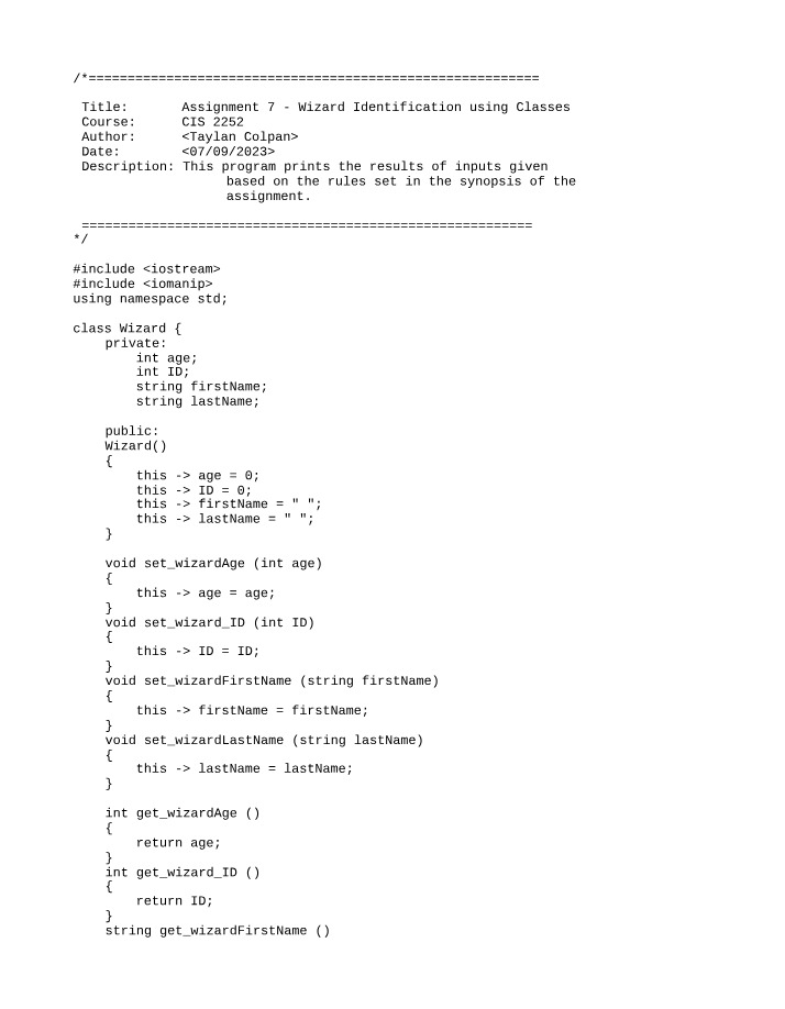 Wizard Identification using Classes - Assignment 7