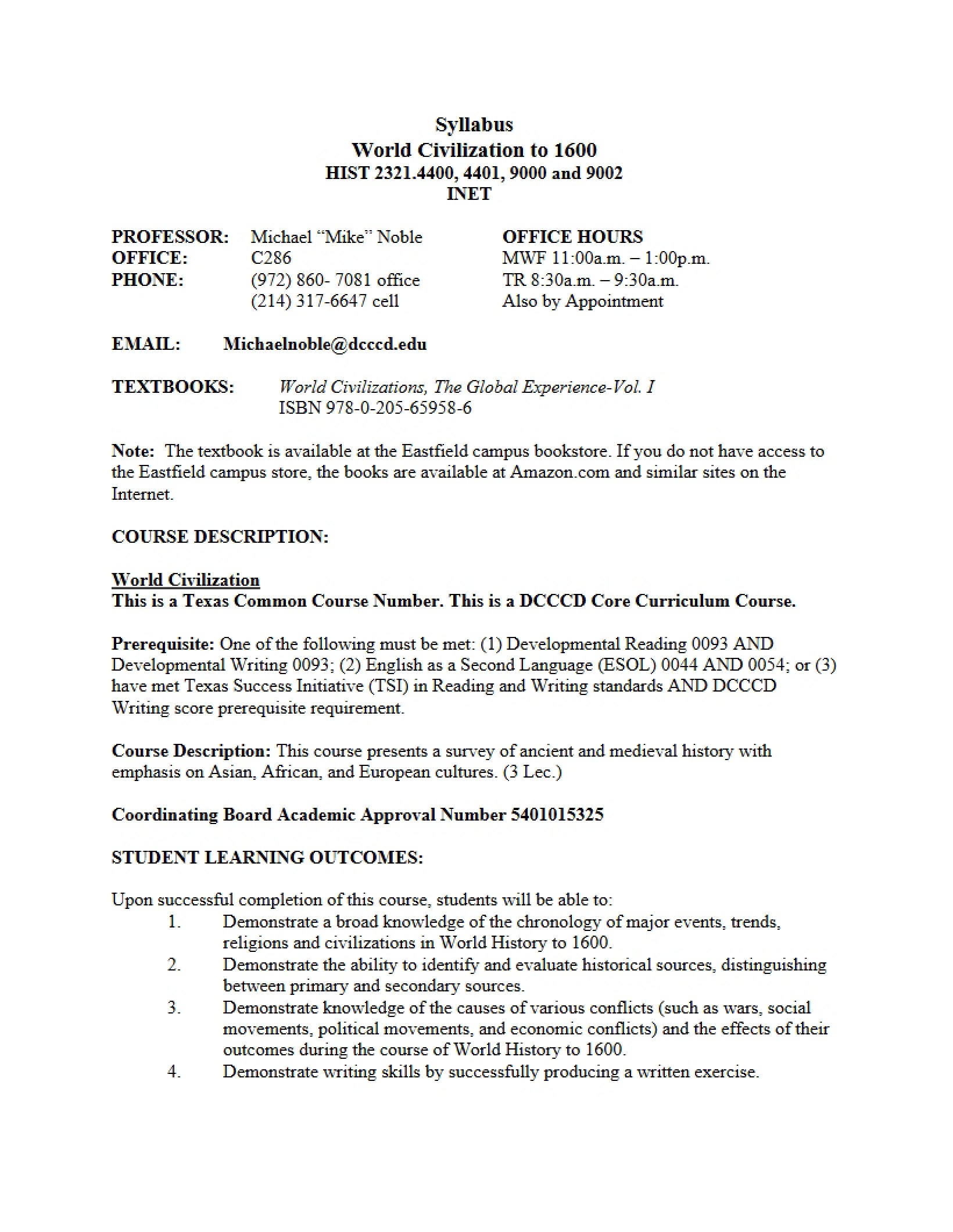 Course Syllabus for World Civilizations I