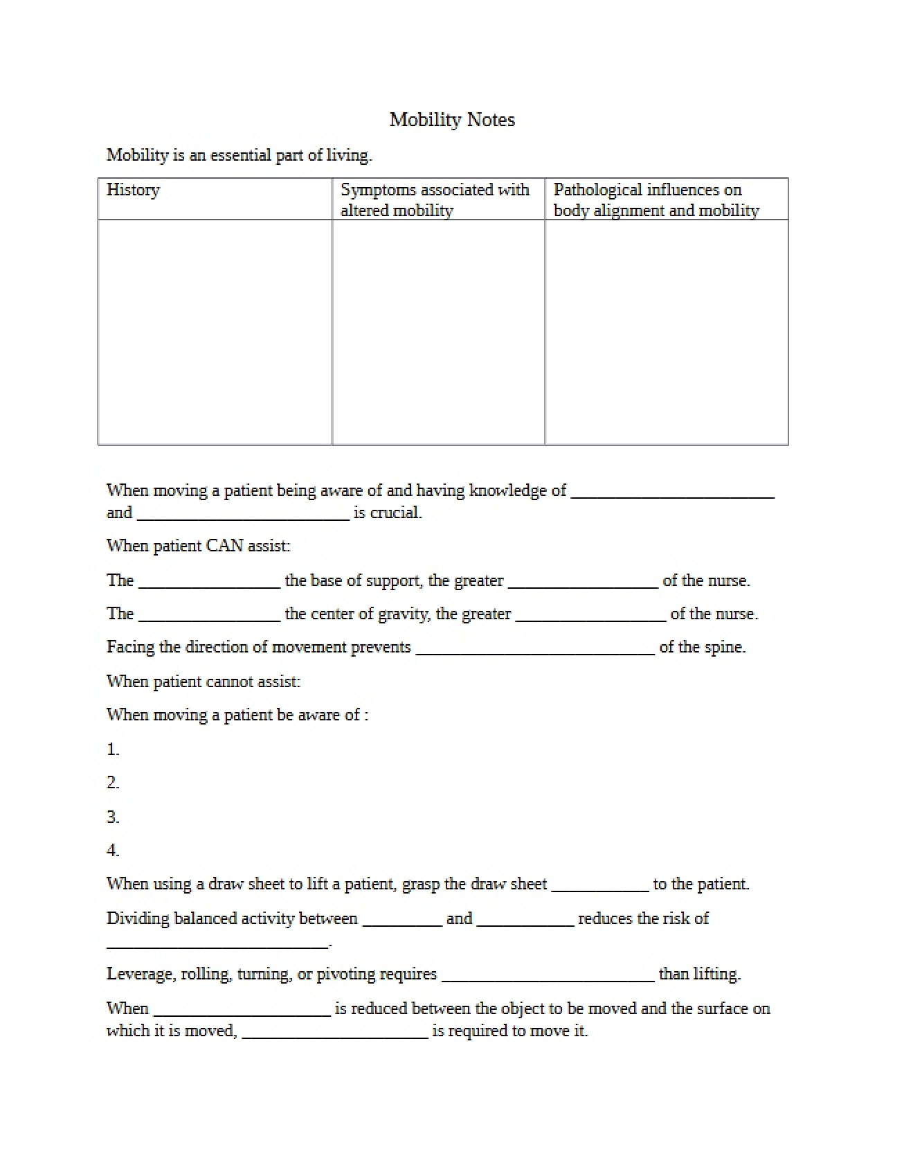 Notes on Patient Mobility