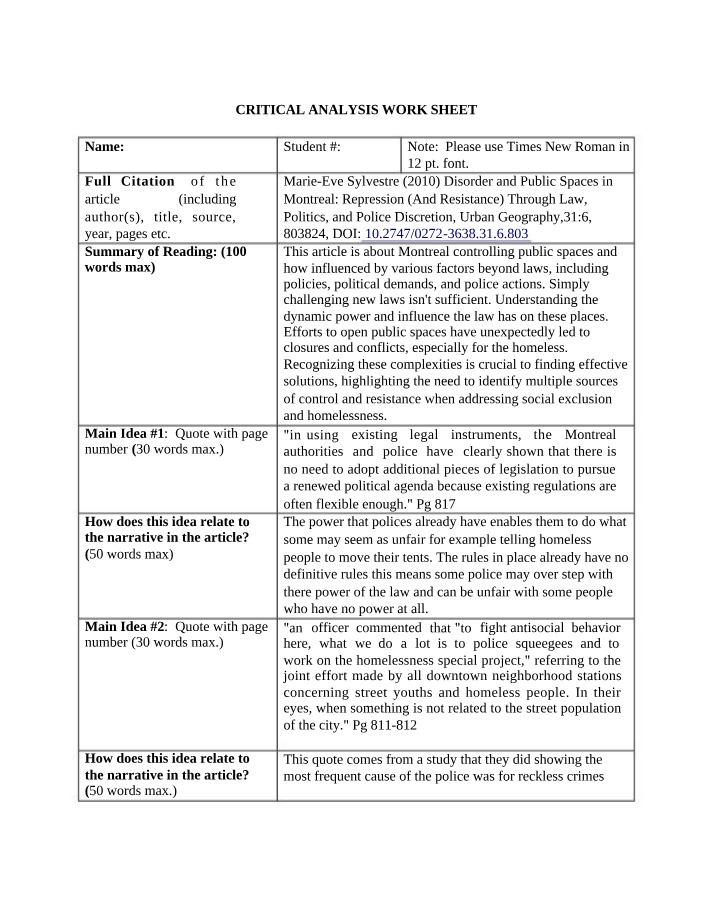Montreal's Control of Public Spaces - A Critical Analysis Worksheet