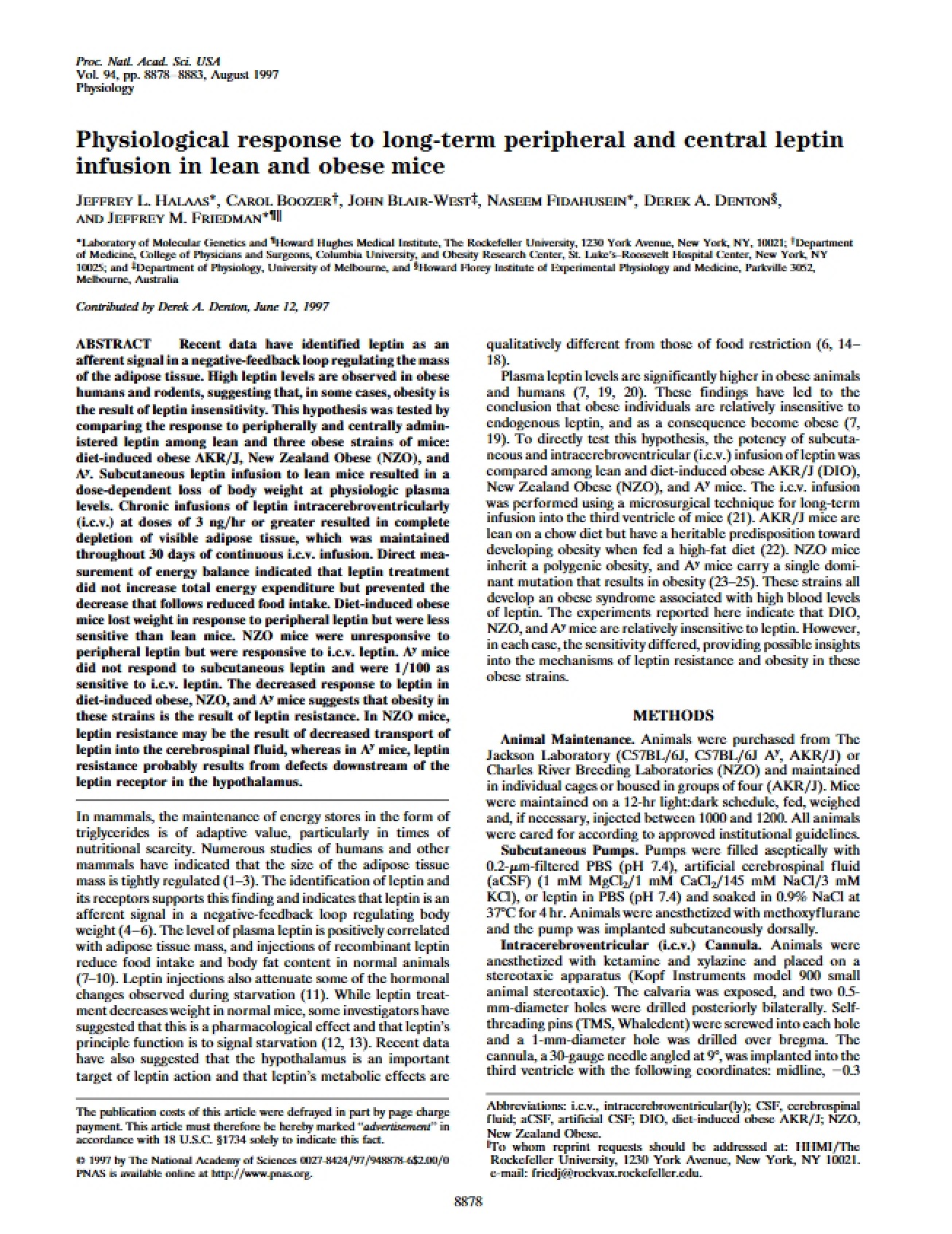 Physiological Response to Long-Term Peripheral and Central Leptin Infusion in Lean and Obese Mice - 6 Pages