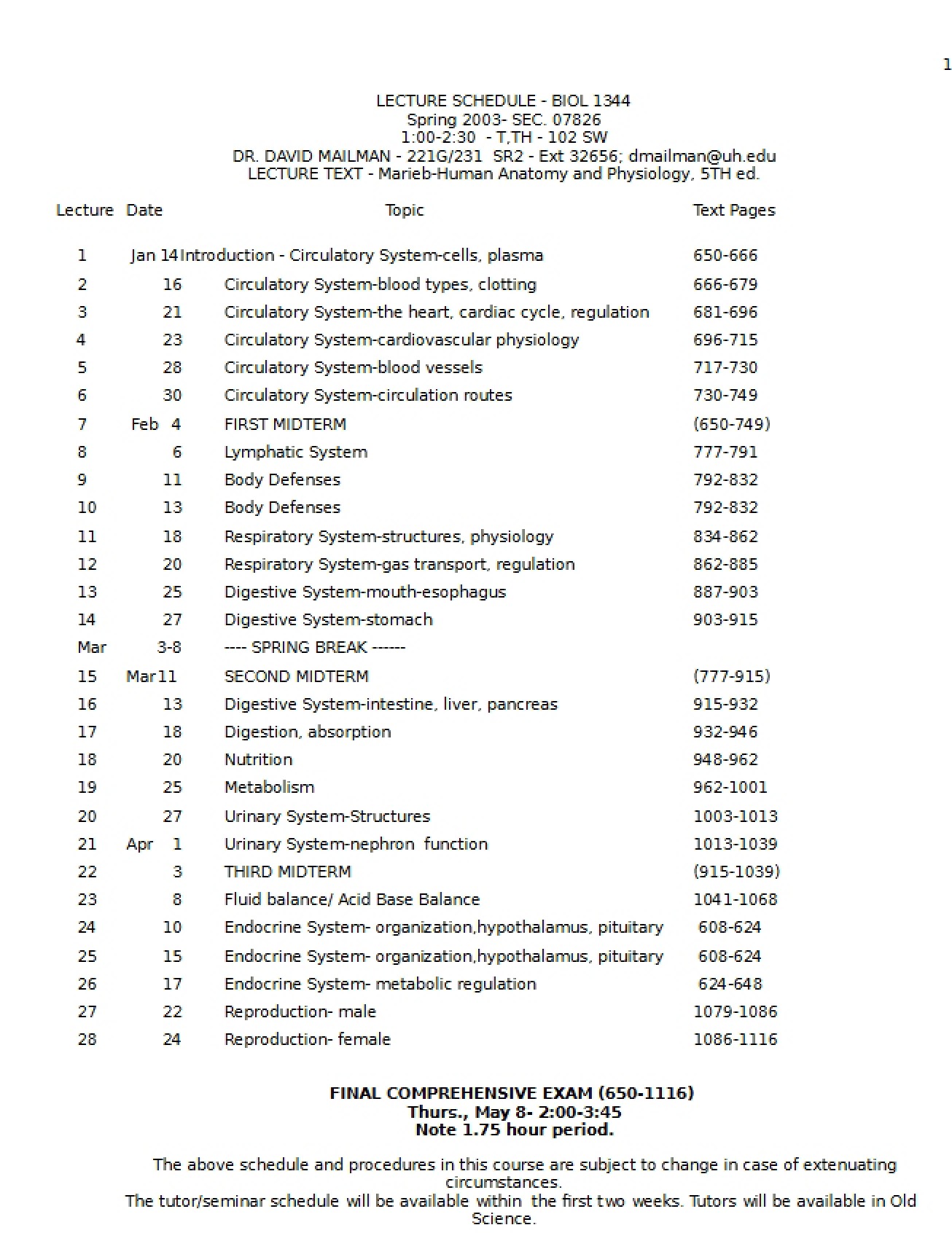 Anatomy and Physiology Syllabus