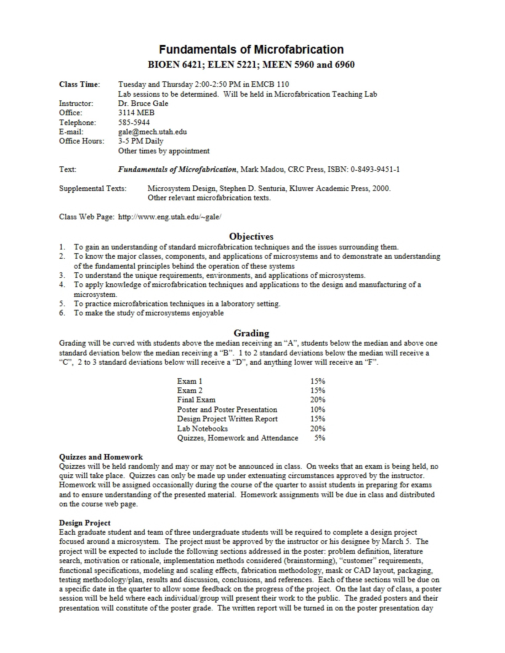 Micromachining Fundamentals Syllabus