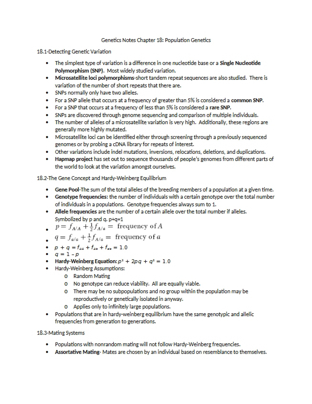 Population Genetics Notes (Ch 18)