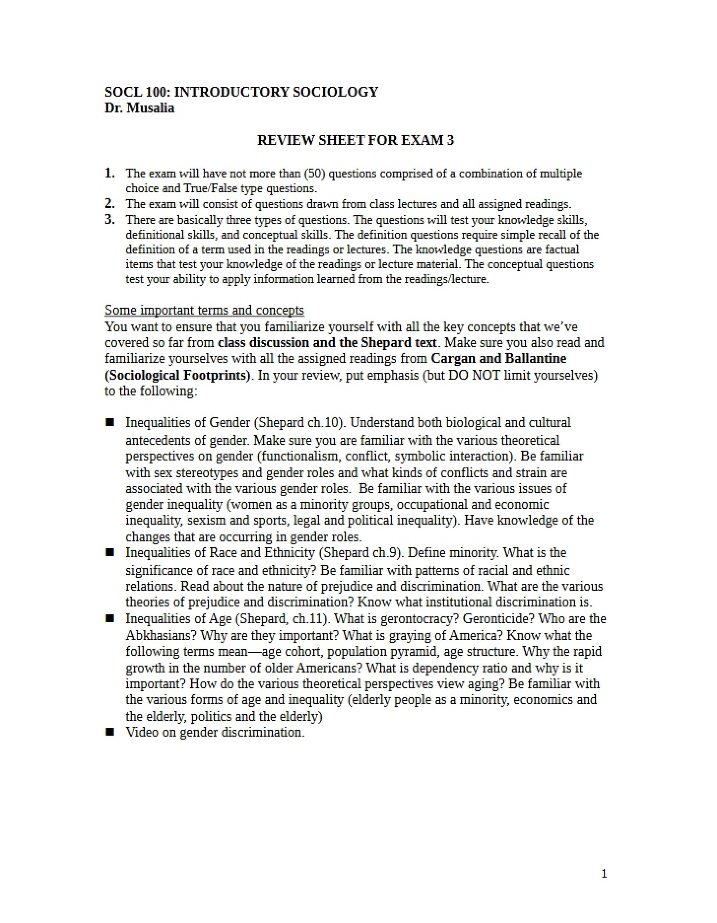 Exam Three Review Sheet