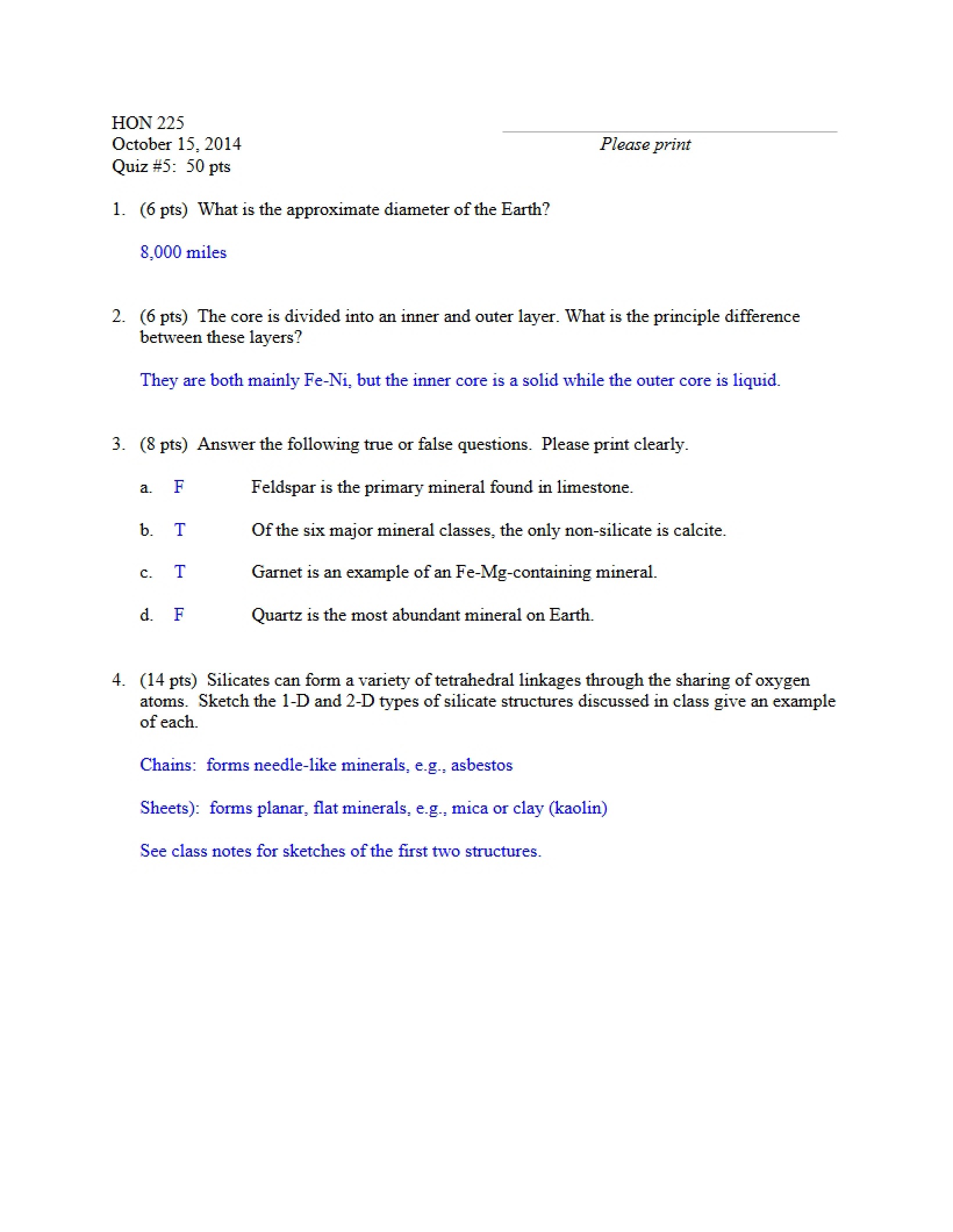 Key for Quiz Five
