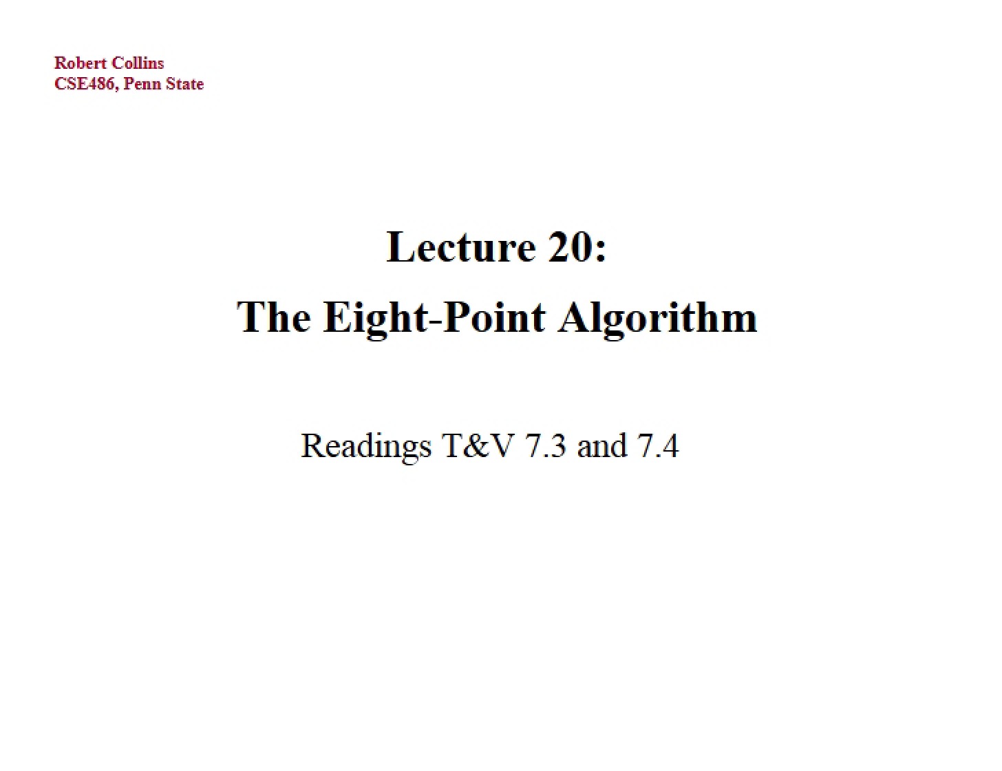 Eight Point Algorithm (Lecture 20)