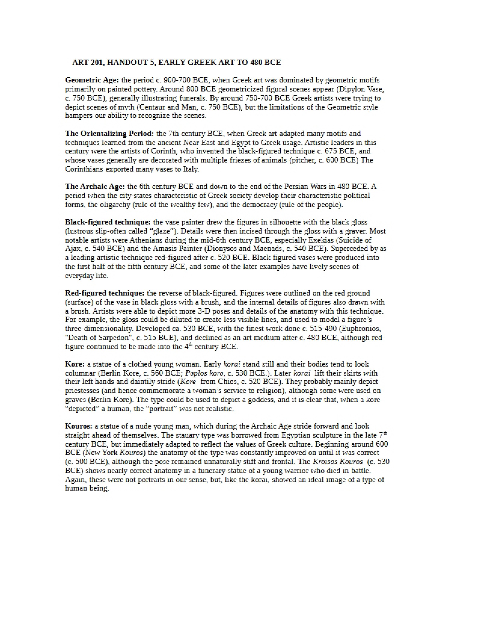 Early Greek Art Handout Five
