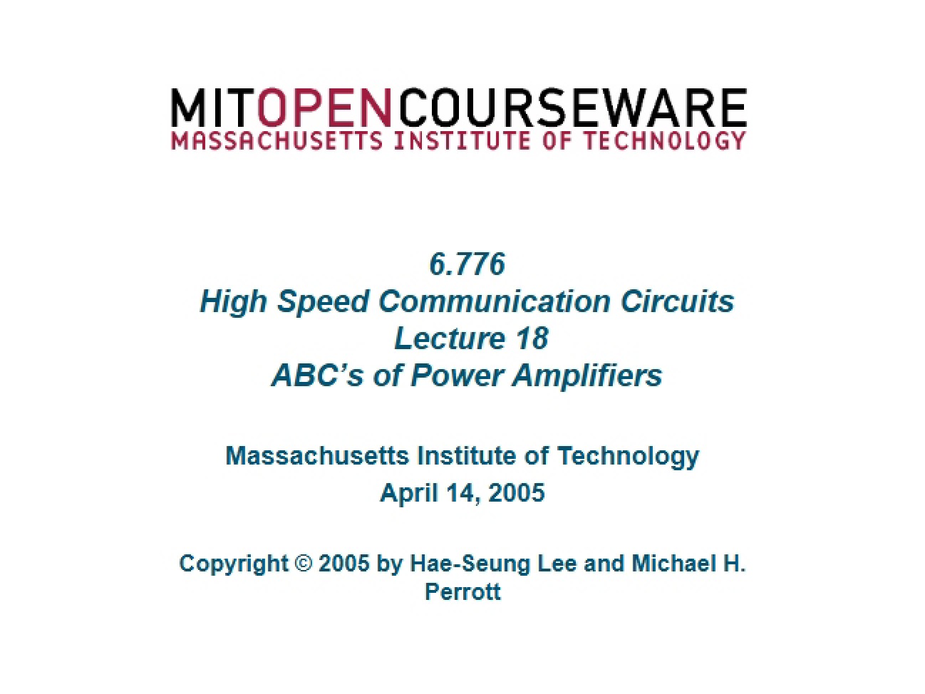 High Speed Communication Circuits Lecture Notes