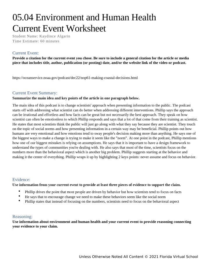 Current Event Worksheet - Environment and Human Health
