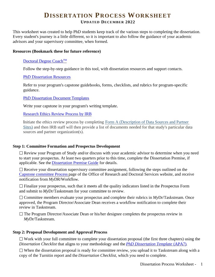 Worksheet for the Dissertation Process