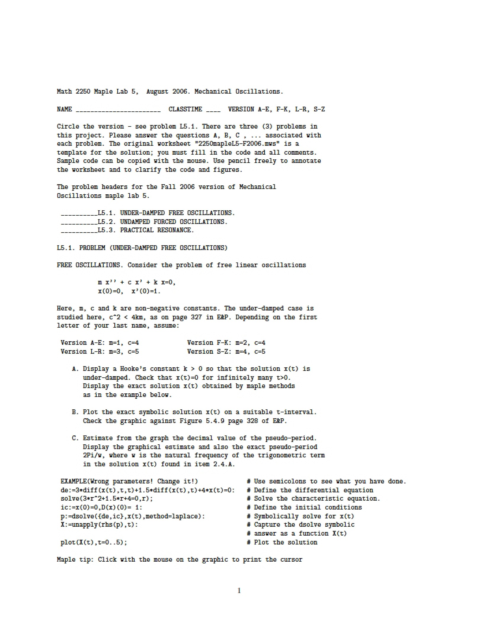 Fifth Maple Laboratory Assignment
