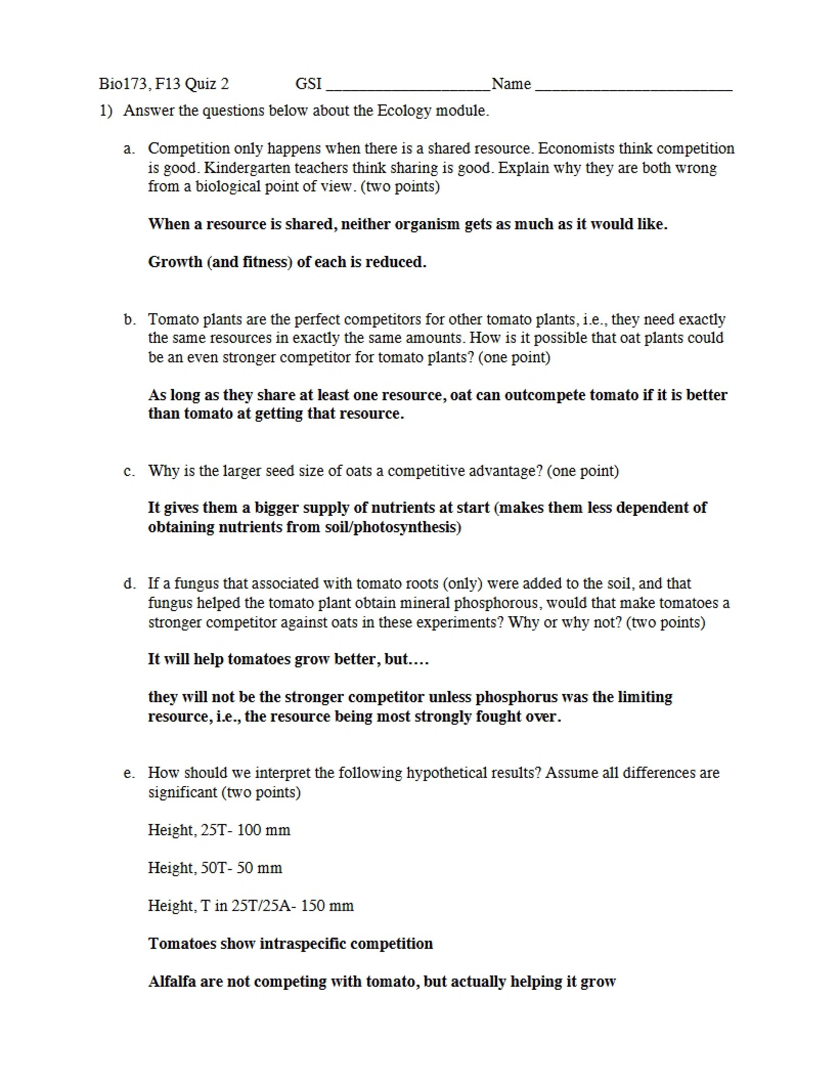 Key for Quiz 2 (Fall 2013)