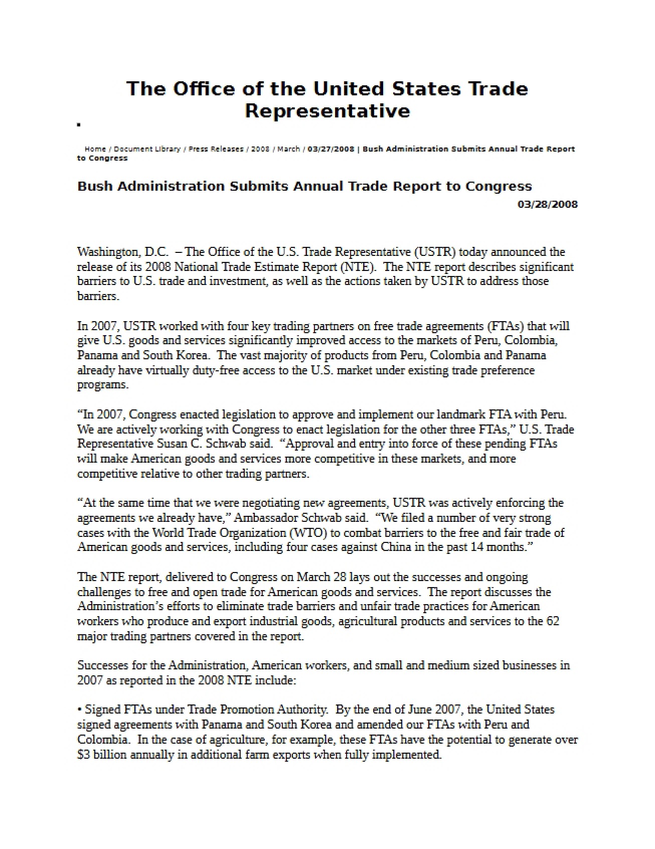 USTR Annual Trade Report Press Release (3-08)