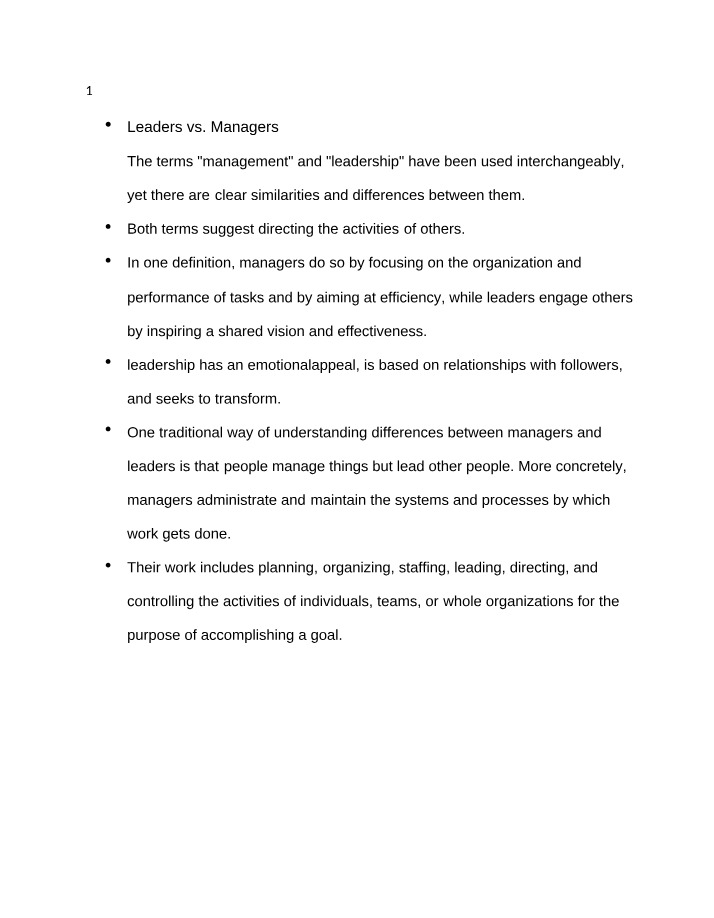 Notes on Leaders vs. Managers