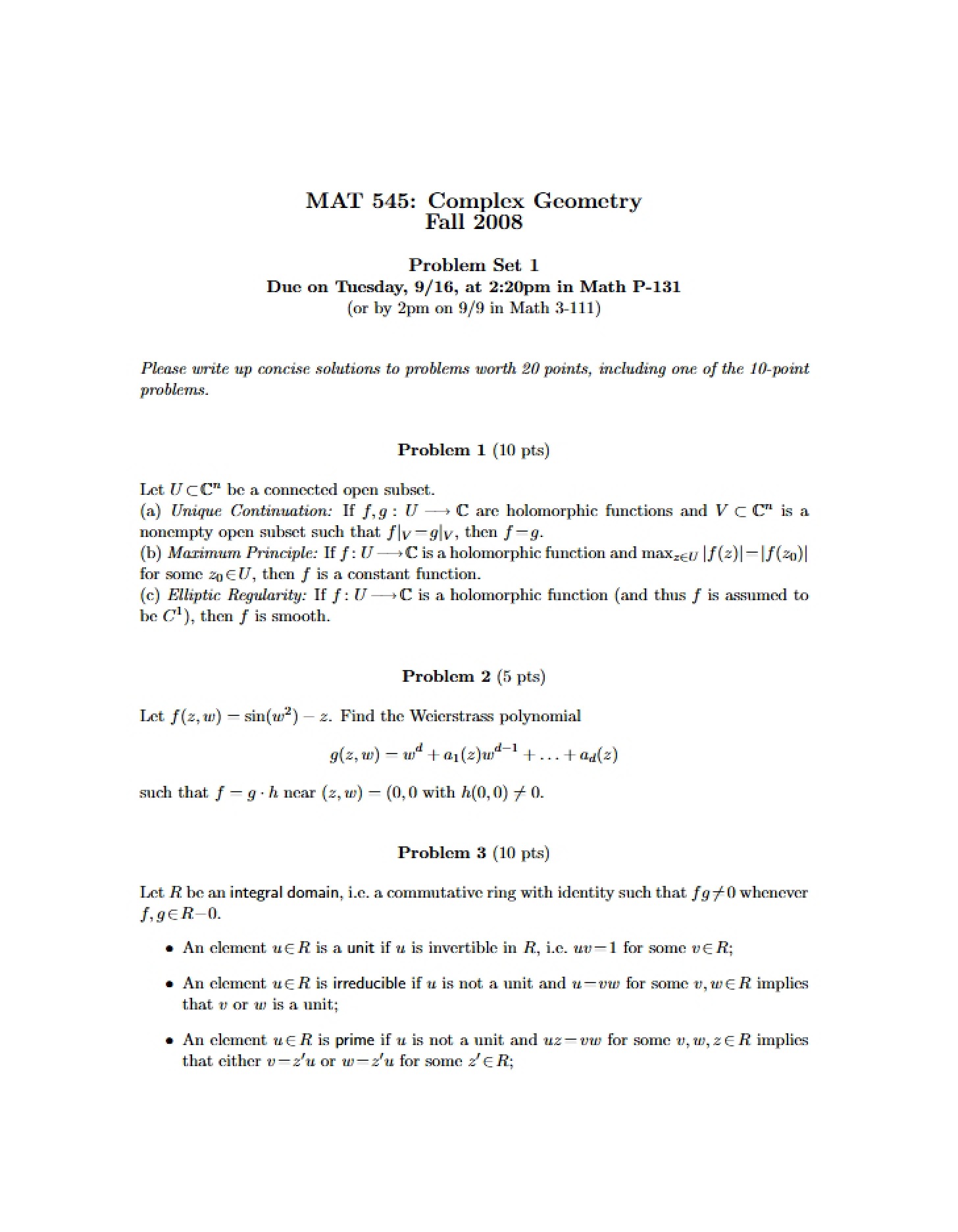 Problem Set 1 for MAT 545