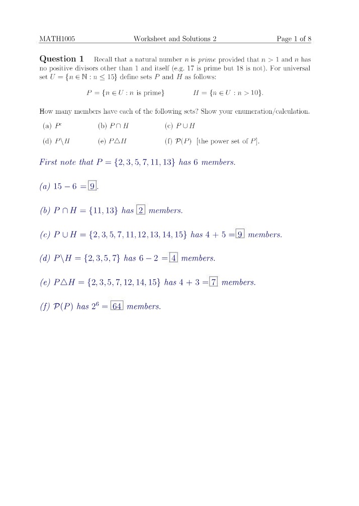 MATH1005 Worksheet 2 and Solutions
