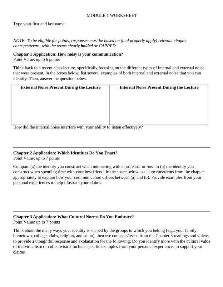 Worksheet for Module 1