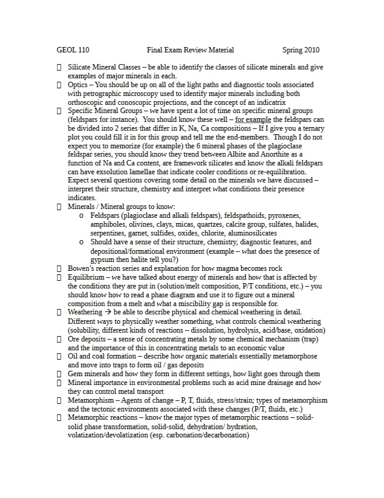 Final Exam Review Earth Materials