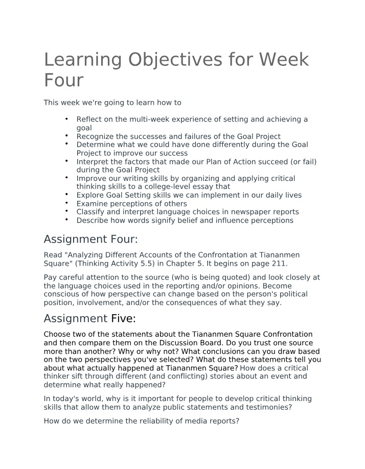 Week Four Learning Objectives