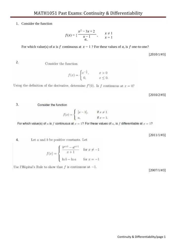 Continuity & Differentiability - MATH1051 Past Exams