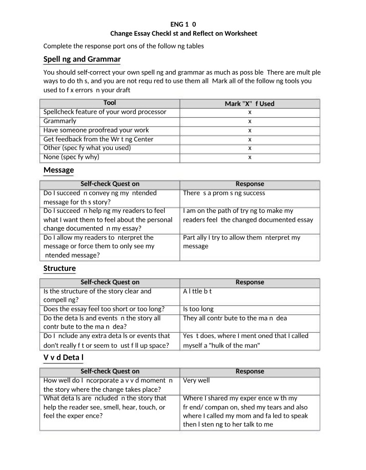 Change Essay - Reflection Worksheet and Checklist