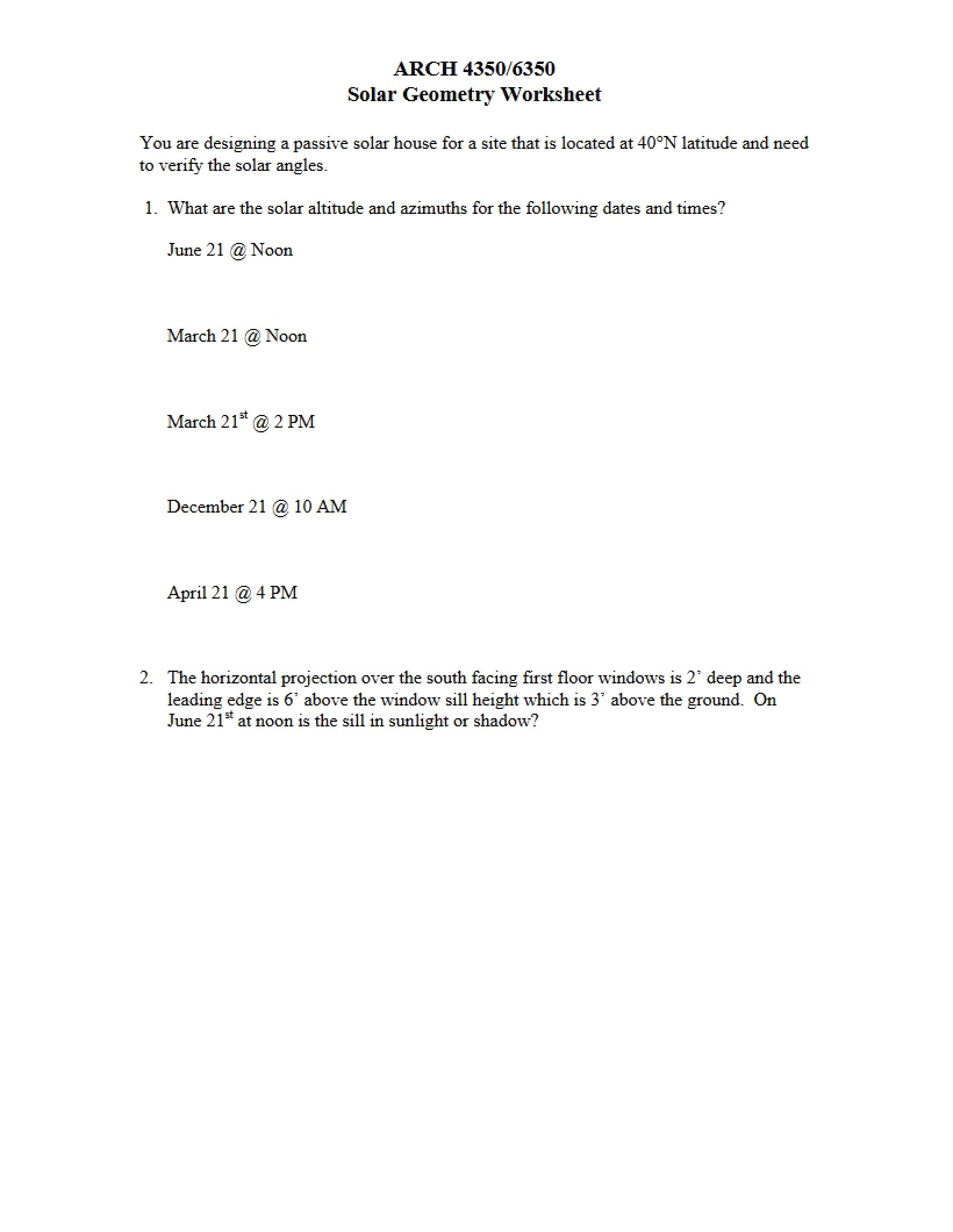 Worksheet on Solar Geometry