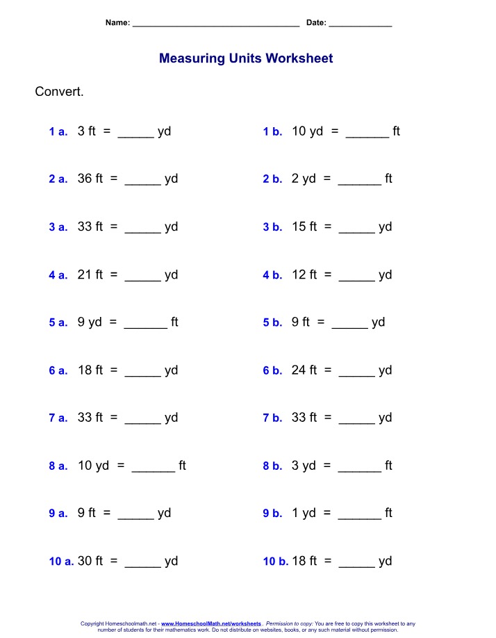 Feet to Yards Conversion Worksheet