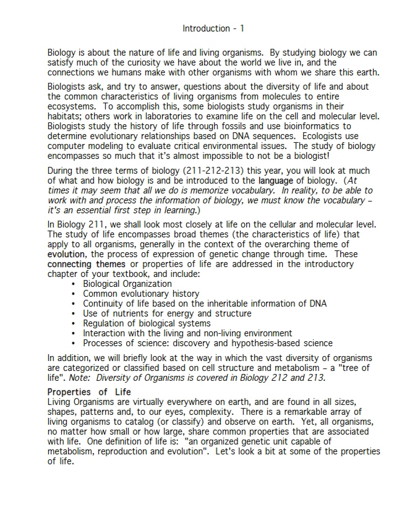 Biology Majors Lecture Notes